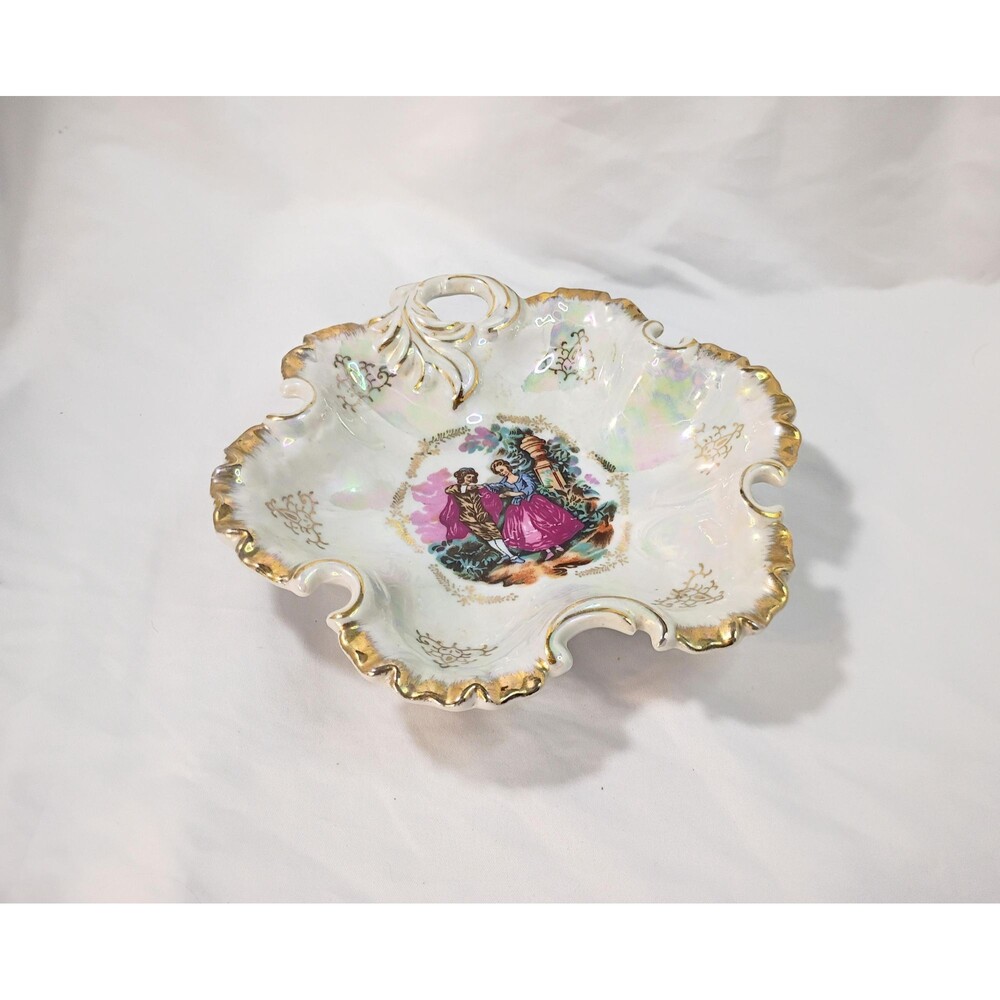 Ceramic Lusterware Courtship Candy Bowl Trinket Dish with Scalloped Edges